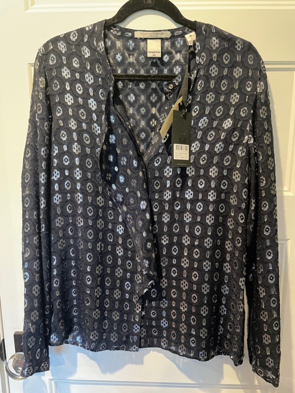 New with tags: Scotch & Soda Navy and silver metallic patterned buttoned blouse